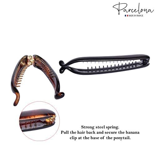 Parcelona French Small 3 ¾” Celluloid Set of 2 French Banana Hair Clip Flexible Ponytail Holder Fashion Durable Styling Paris Hair Accessories for Women, Made in France (Tortoise Shell-Black)