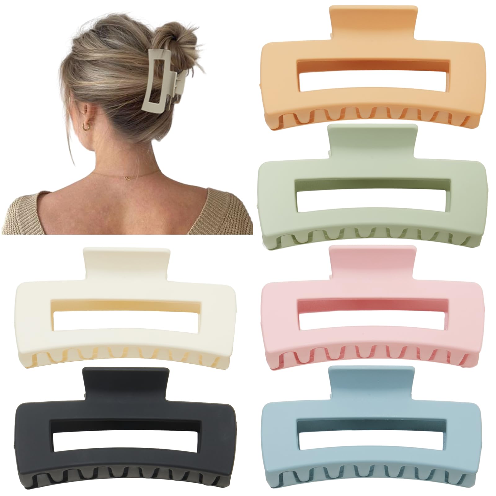 Sisiaipu 4 Inch Big Hair Claw Clips 6 Pcs Large Claw Clips for Thick Hair Square Hair Clips for Women Rectangle Hair Clips Nonslip Acrylic Banana Jaw Clips Hair Accessories for Girls -Light