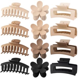 12 Pack Large Hair Claw Clips 4.3 Inch Rectangle Hair Claw Clips Flower Hair Clips for Women Thick Hair, Matte Hair Clip Banana Claws Clips Strong Hold jaw clips, 3 Styles Claw Clips Neutral Colors