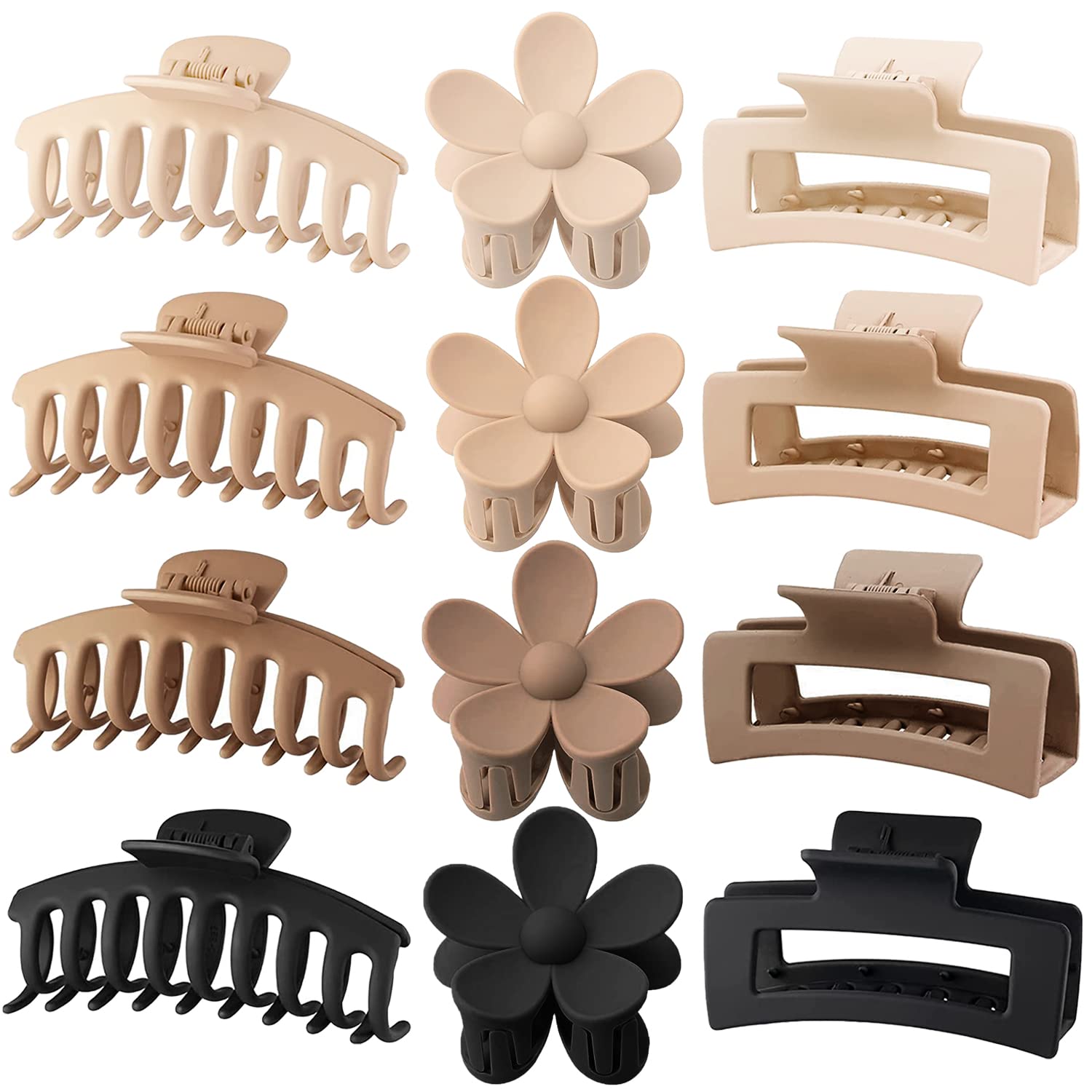 12 Pack Large Hair Claw Clips 4.3 Inch Rectangle Hair Claw Clips Flower Hair Clips for Women Thick Hair, Matte Hair Clip Banana Claws Clips Strong Hold jaw clips, 3 Styles Claw Clips Neutral Colors