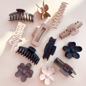 12 Pack Large Hair Claw Clips 4.3 Inch Rectangle Hair Claw Clips Flower Hair Clips for Women Thick Hair, Matte Hair Clip Banana Claws Clips Strong Hold jaw clips, 3 Styles Claw Clips Neutral Colors