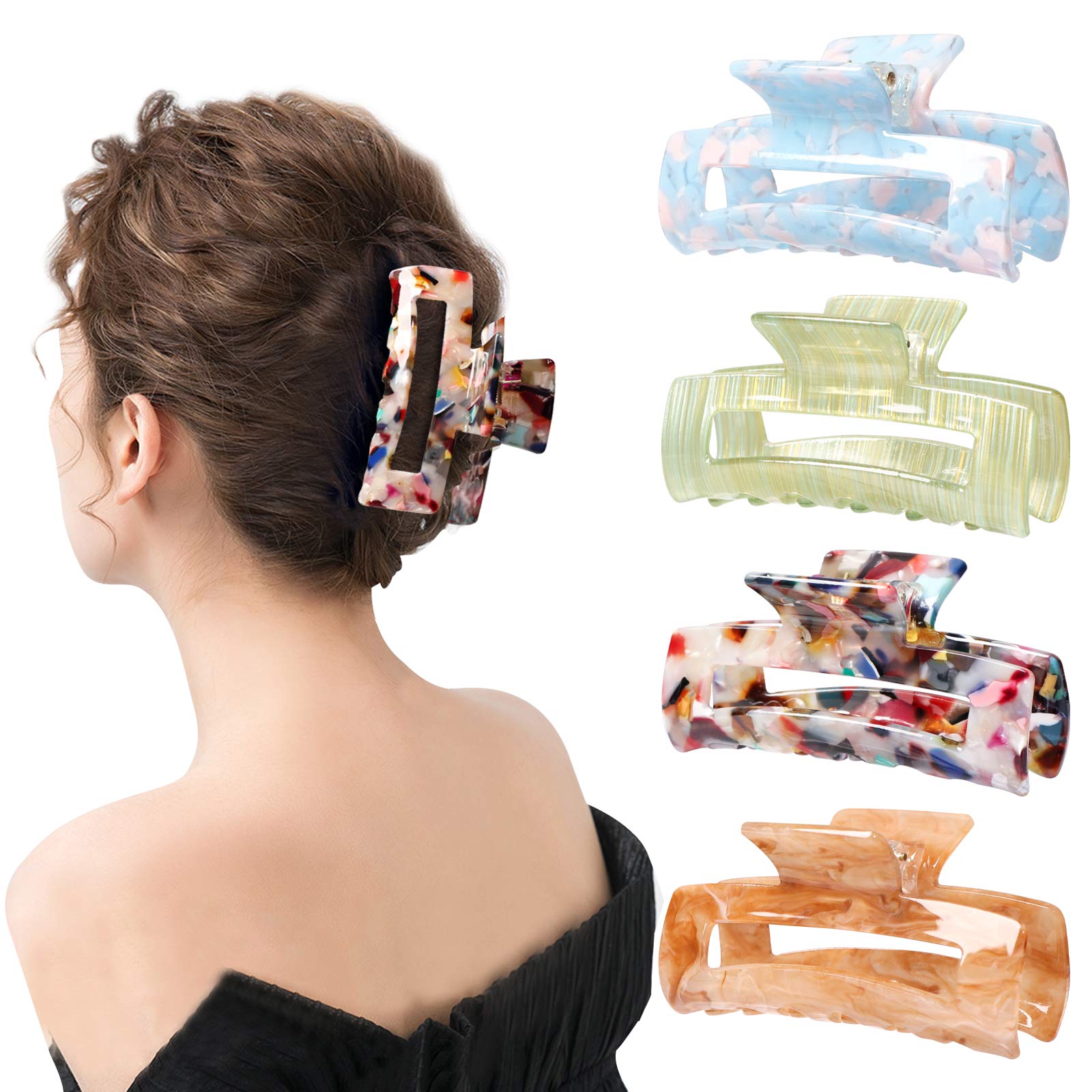 Magicsky 4PCS Hair Claw Clips, Acrylic Banana Barrettes, Celluloid French Butterfly Jaw, Tortoise Grip Pin-Leopard print Stylish Accessories for Women Girls, Long Motley