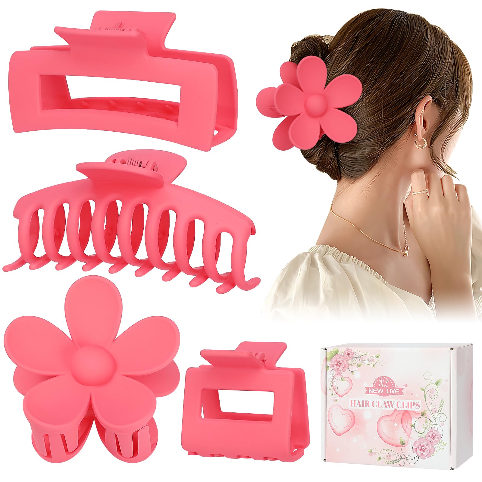 4 Pack Claw Clips Flower Hair Clips Banana Hair Claws Large and Small Rectangular Hair Clips for Women Girls Hair Jaw for Thin Thick Hair