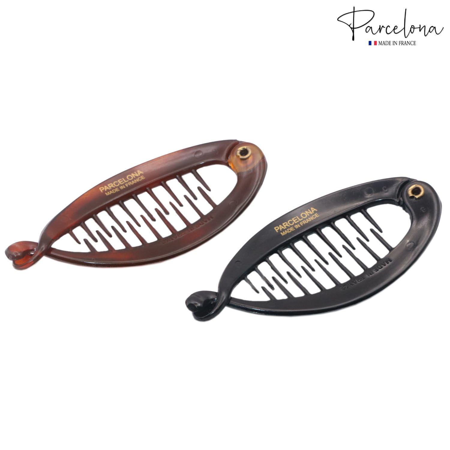 Parcelona French Effortless Mini Small Pair of Brown Tortoise Shell N Black Banana Hair Clip for Fine Hair