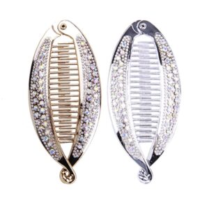 2PCS Crystal Rhinestone Banana Clip Fish Shape Claw Clips Elegant Ponytail Hair Twist Holder for Women Girl Golden Silver