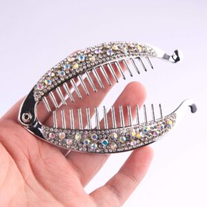 2PCS Crystal Rhinestone Banana Clip Fish Shape Claw Clips Elegant Ponytail Hair Twist Holder for Women Girl Golden Silver