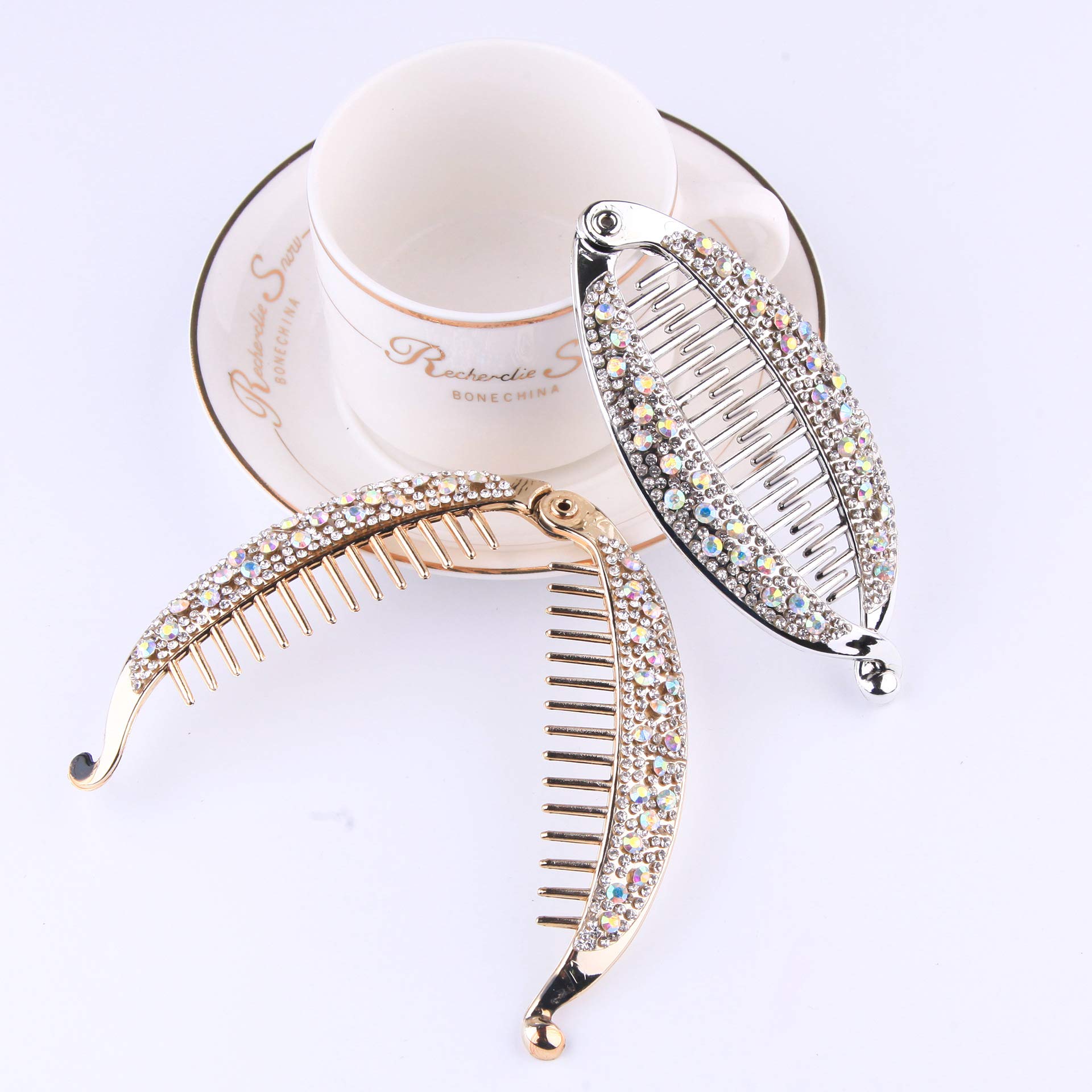 2PCS Crystal Rhinestone Banana Clip Fish Shape Claw Clips Elegant Ponytail Hair Twist Holder for Women Girl Golden Silver