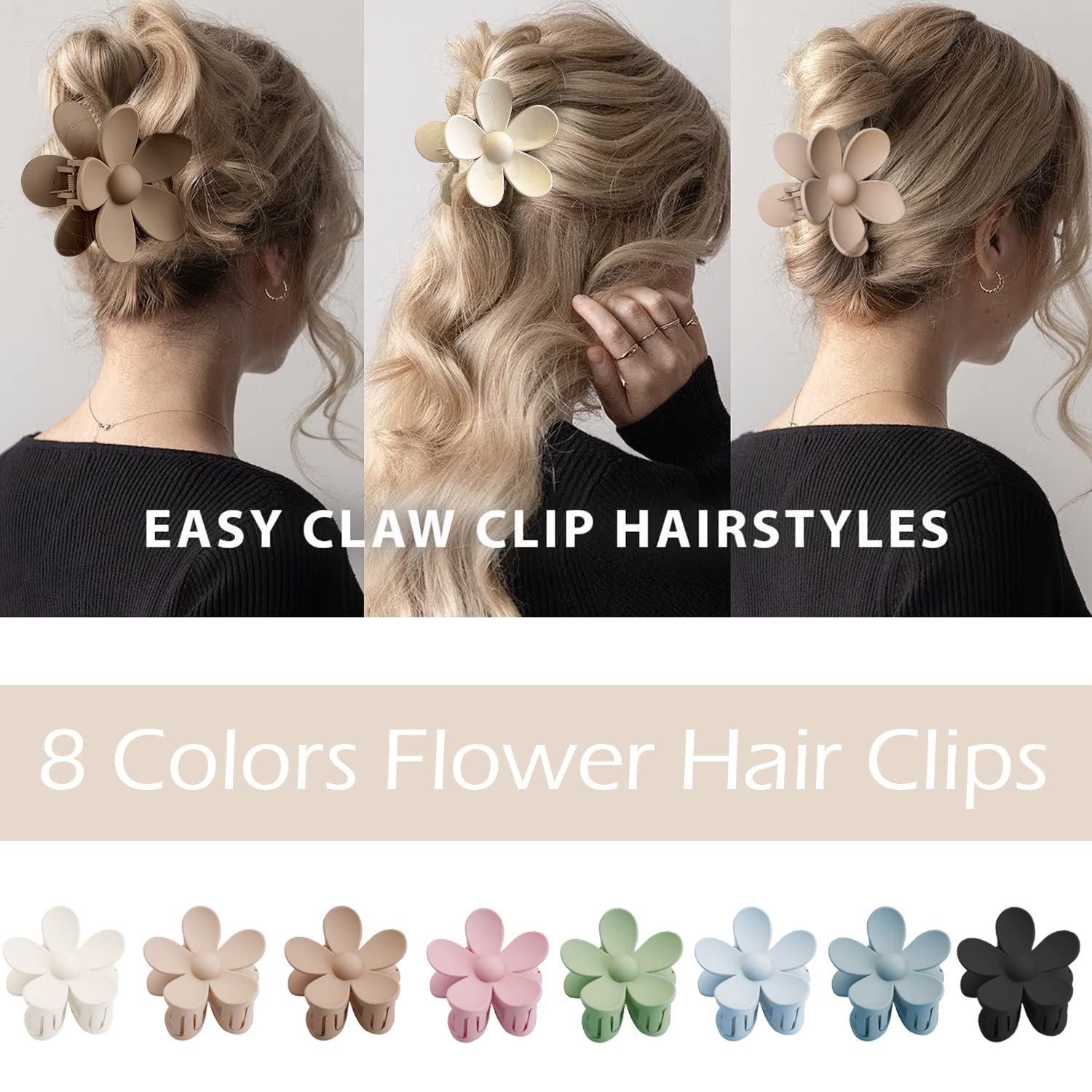 Flower Hair Clips 8PCS Hair Claw Clips For Women Thick Hair Matte Large Claw Clips Hair Jaw Clips Cute Big Dasiy Hair Clips Non Slip Strong Hold For Women Thin Hair, Hair Accessories For Women Girls