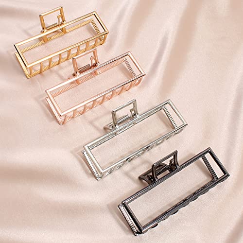 Metal Hair Clips for Women, 4pcs Square Claw Clips for Thick Hair, Large Hair Clips Rectangle Claw Clip, Banana Clips Hair Rose Gold Black Silver Gold Hair Clips 3.5 Inches