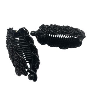 Handmade Braid Crystal String Beads Twist Banana Hair Clip Ponytail Holder Black or Blue Hair Clips No Slip Grip Comb Clamp Hair Grip Hairpins Hair Styling,2 Pack (Black)