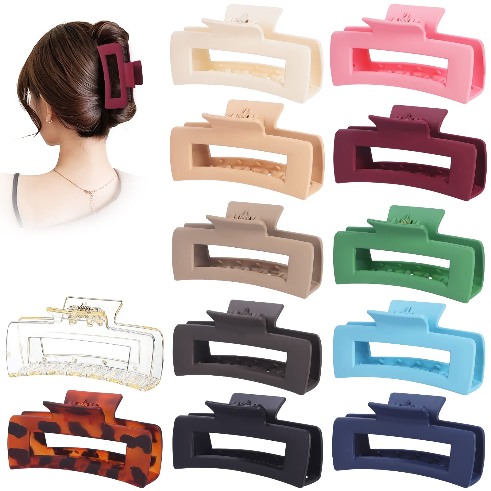 12 Pack Claw Clips for Thick Hair Large Hair Clips Rectangle Hair Claws 4.1 Inch Banana Clips Claw Clips for Women