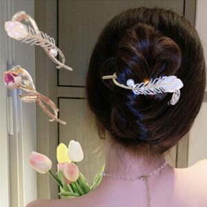 2pcs tulip and feather hair clip, pearl rhinestone hair claws french style twist hair barrette non slip jaw banana hair accessories for women (tuyu)-003