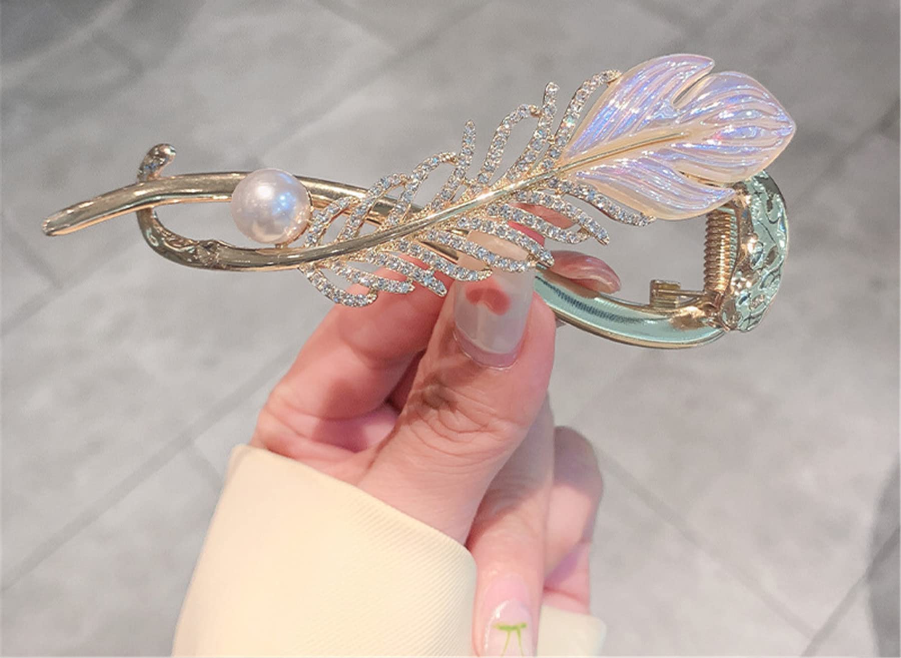 2PCS Tulip and Feather Hair Clip, Pearl Rhinestone Hair Claws French Style Twist Hair Barrette Non Slip Jaw Banana Hair Accessories for Women (TUYU)-003