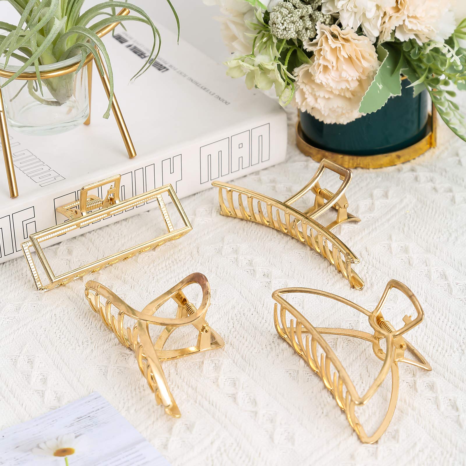 Hair Claw Clips for Women, 4 Pack Gold Claw Clips, Metal Hair Clips, Large Claw Hair Clips, Big Hair Claws Banana Hair Styling Accessories for Thick Hair