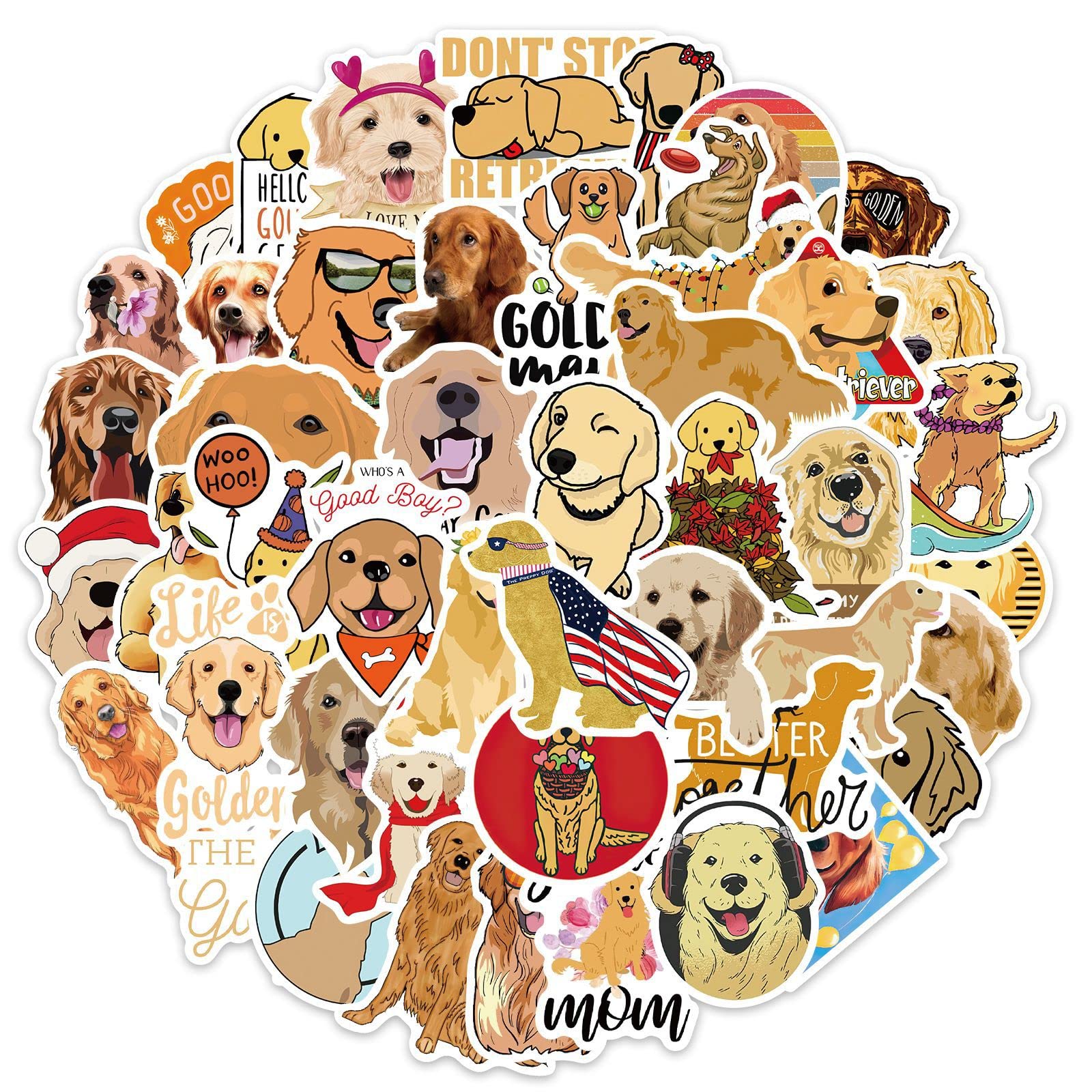 Golden Retriever Stickers for Water Bottles, 50 Pack/PCS Cute Animal Vsco Vinyl Aesthetic Waterproof Dog Stickers Decals Laptop Skateboard Computer Stickers for Teens Kids Girls (Golden Retriever)