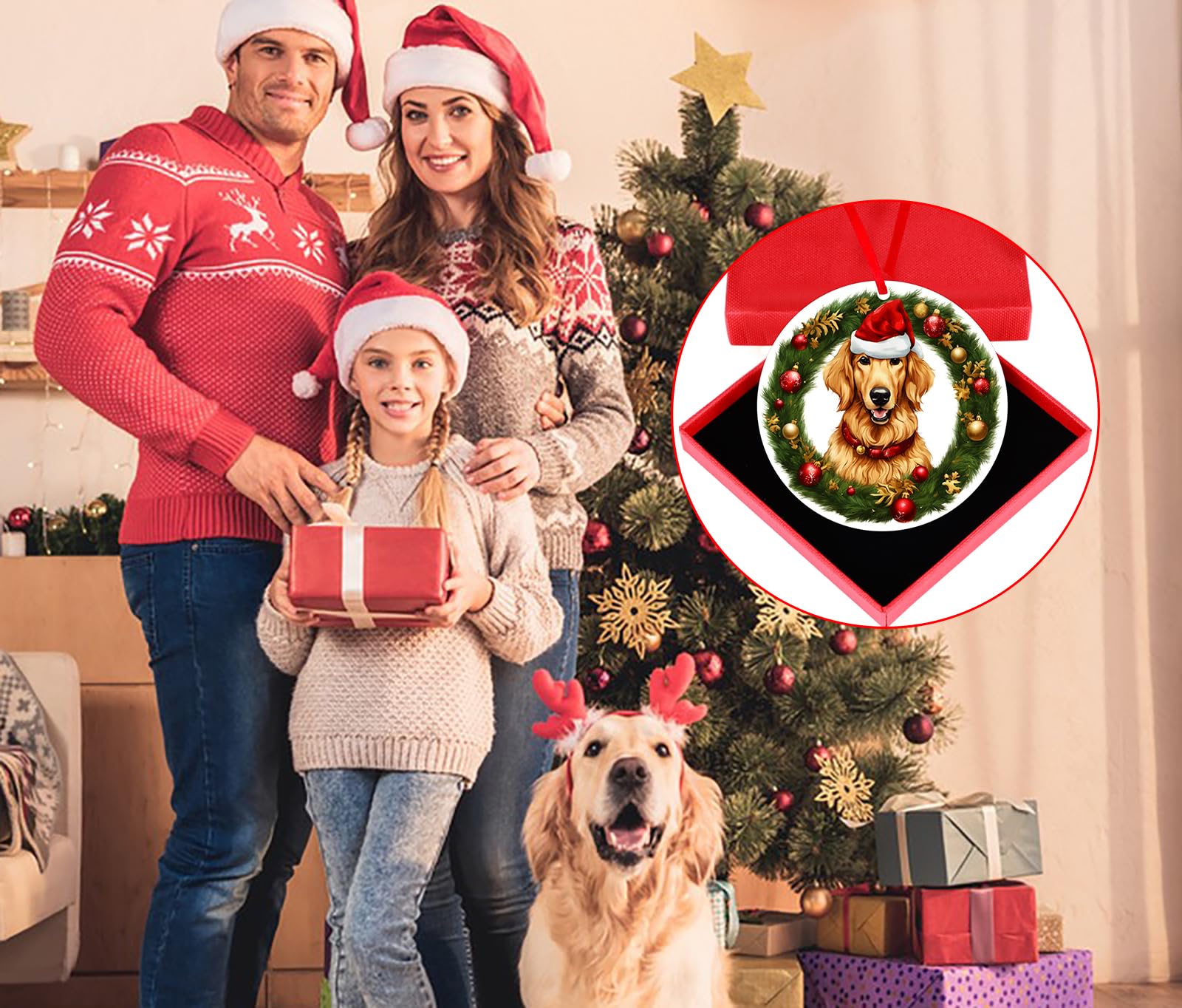 SICOHOME Golden Retriever Christmas Ornament Golden Retriever Gifts for Women and Dog Lovers Golden Retriever Xmas Tree Ornaments Round Ornament with Gift Box Xmas Present for Retrievers Lovers Gift