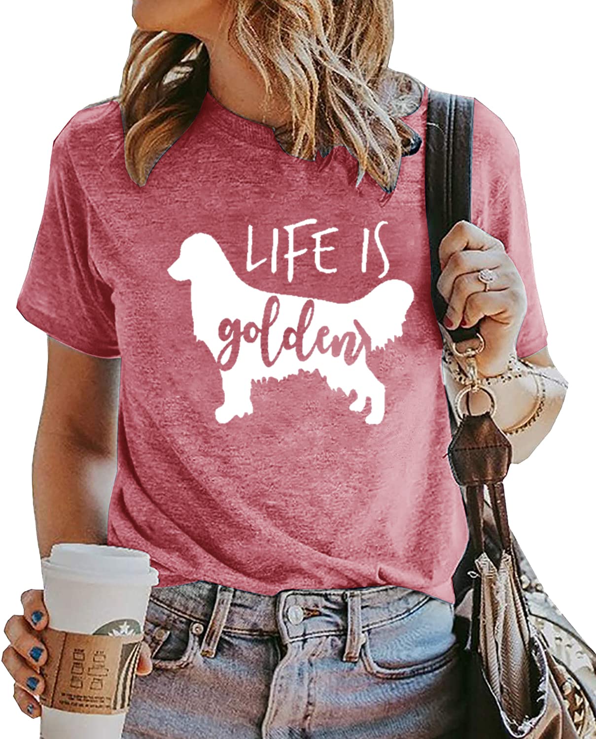 Life is Golden Shirt for Women Cute Dog Mom Graphic Short Sleeve Casual Mama Gifts T-Shirt (Pink, XL)