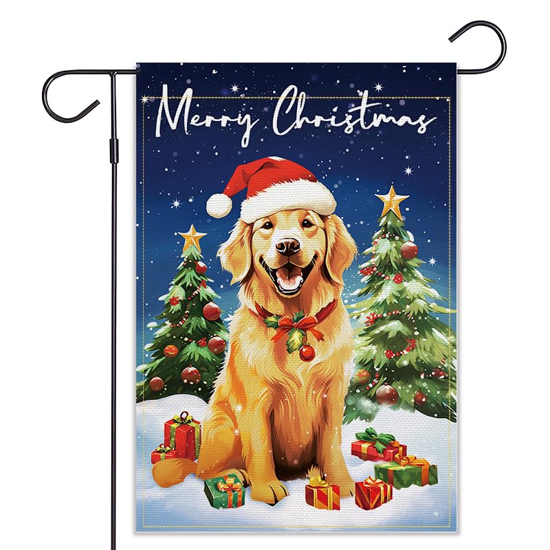 Balgardekor Golden Retriever Garden Flag Christmas Dogs Garden Flag 12x18 Double Sided Merry Xmas Winter Garden Flag for outside Small Vertical Burlap Yard Flag Holiday Decorations Outdoor Decor