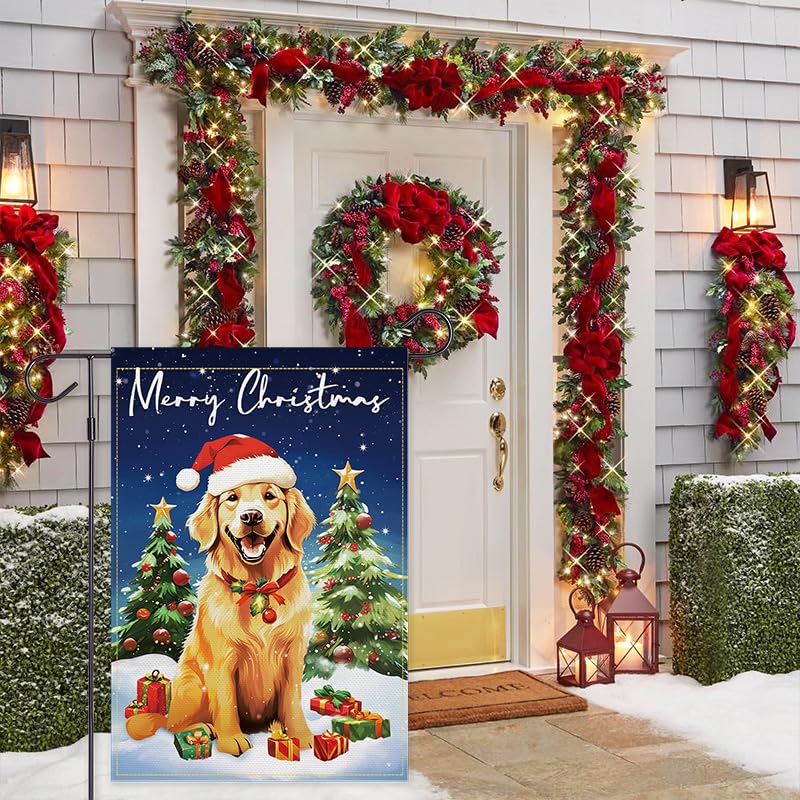 Balgardekor Golden Retriever Garden Flag Christmas Dogs Garden Flag 12x18 Double Sided Merry Xmas Winter Garden Flag for outside Small Vertical Burlap Yard Flag Holiday Decorations Outdoor Decor