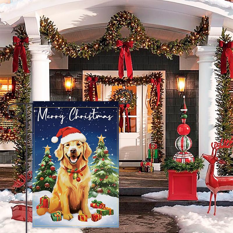 Balgardekor Golden Retriever Garden Flag Christmas Dogs Garden Flag 12x18 Double Sided Merry Xmas Winter Garden Flag for outside Small Vertical Burlap Yard Flag Holiday Decorations Outdoor Decor