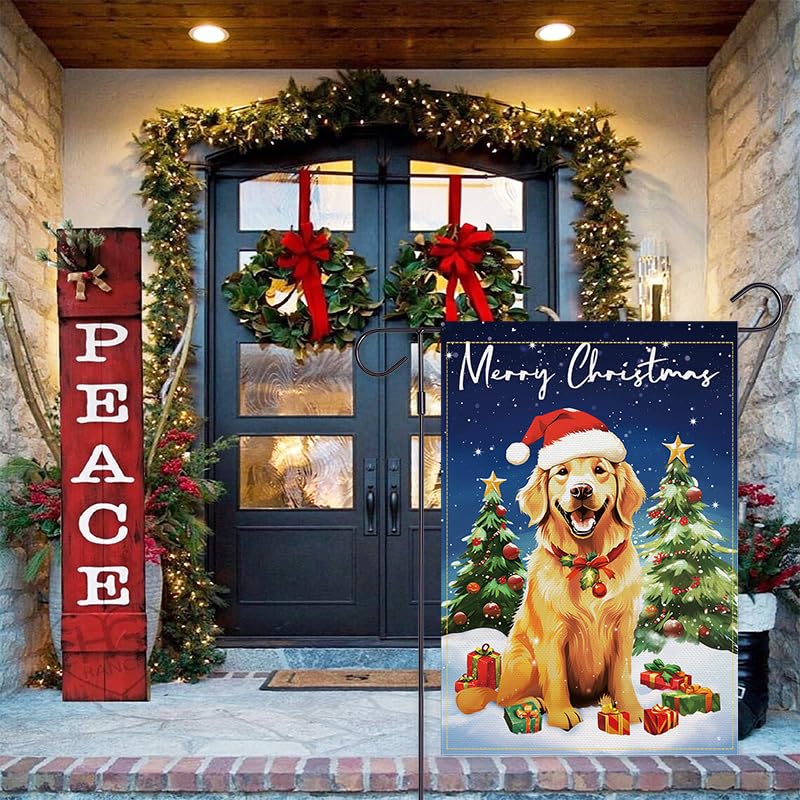 Balgardekor Golden Retriever Garden Flag Christmas Dogs Garden Flag 12x18 Double Sided Merry Xmas Winter Garden Flag for outside Small Vertical Burlap Yard Flag Holiday Decorations Outdoor Decor