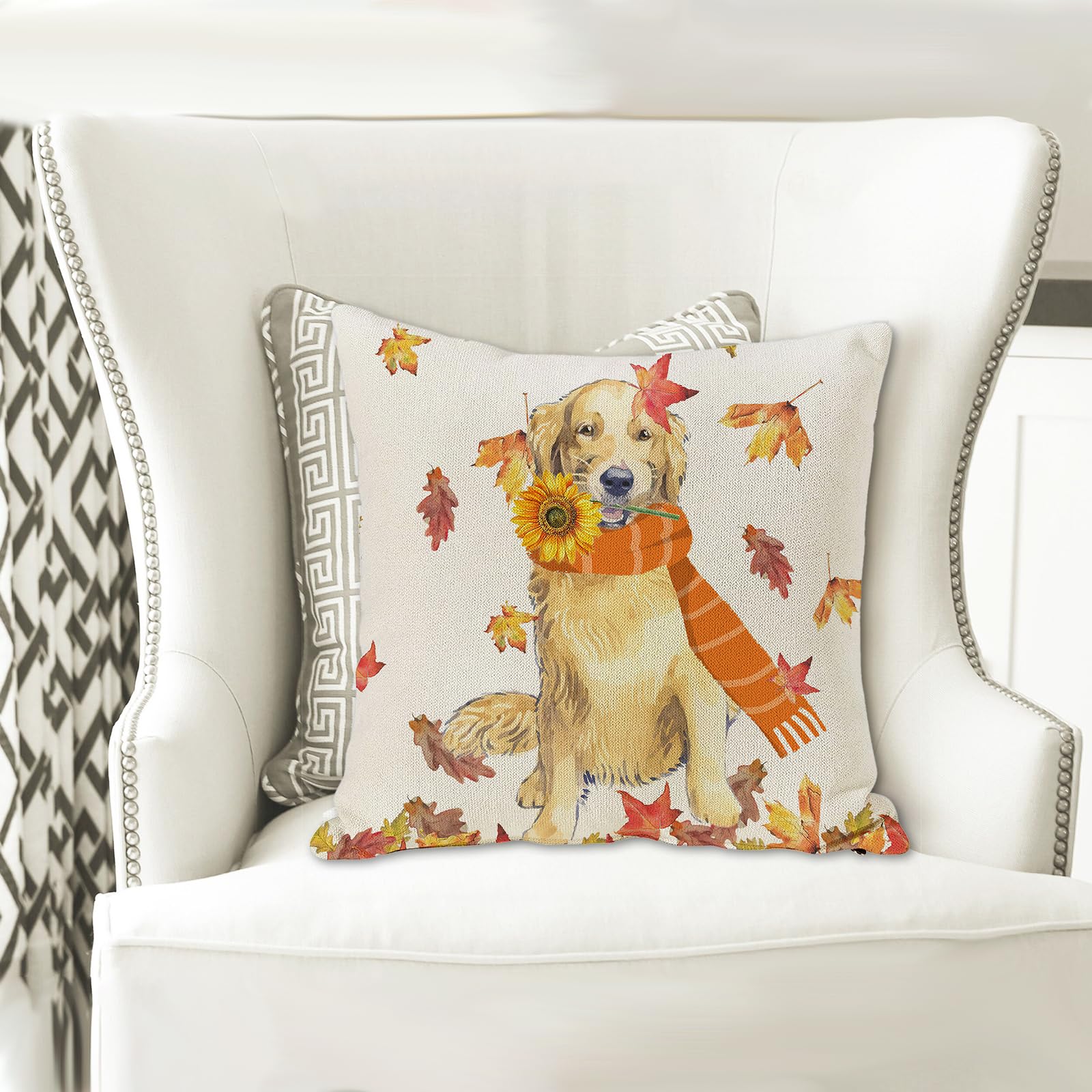 SPXUBZ Fall Throw Pillow Cover 18x18 Inch Autumn Dog Golden Retriever Home Decor Thanksgiving Farmhouse Nice Gift Square Indoor Linen Pillowcase Cushion(Two Sides Print)