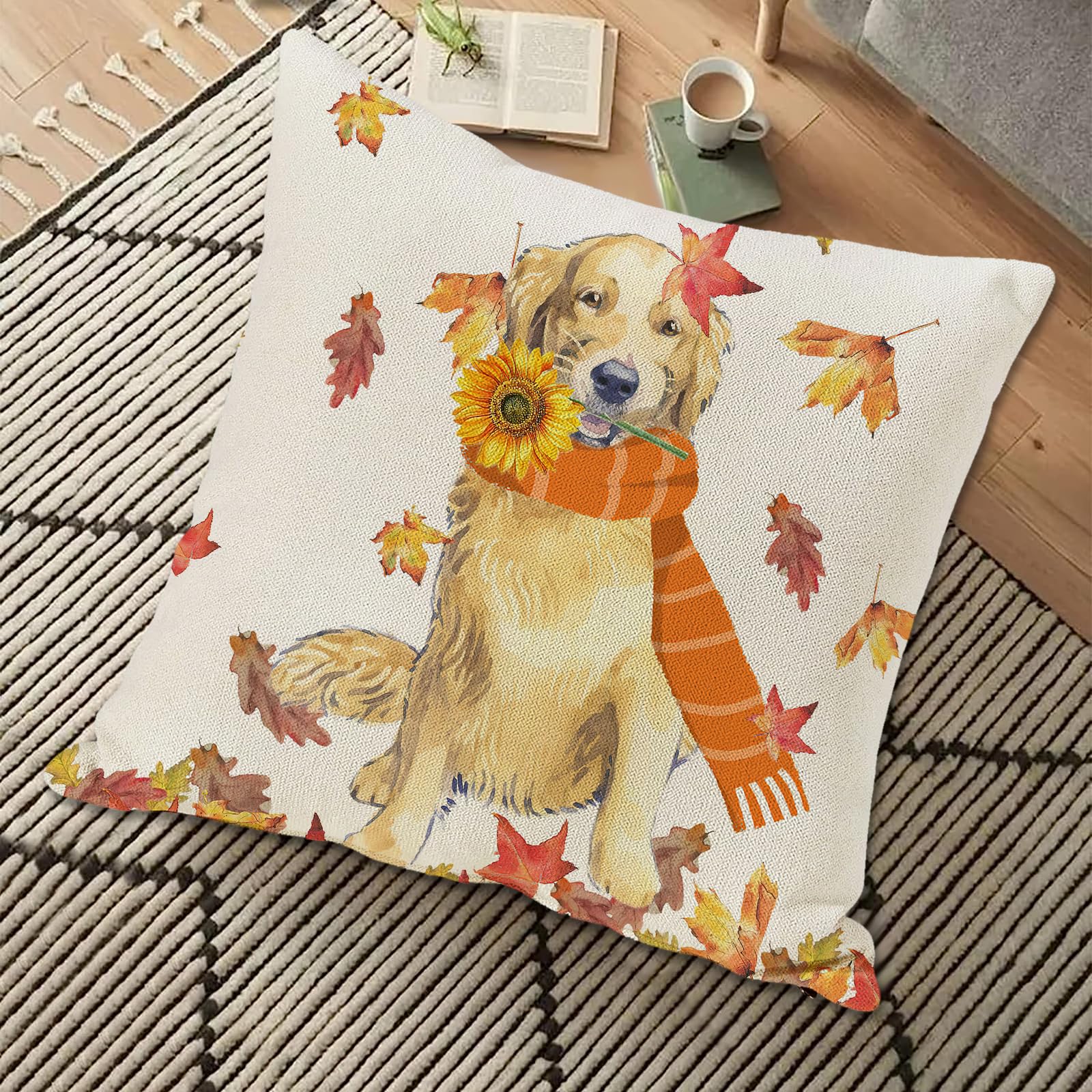 SPXUBZ Fall Throw Pillow Cover 18x18 Inch Autumn Dog Golden Retriever Home Decor Thanksgiving Farmhouse Nice Gift Square Indoor Linen Pillowcase Cushion(Two Sides Print)