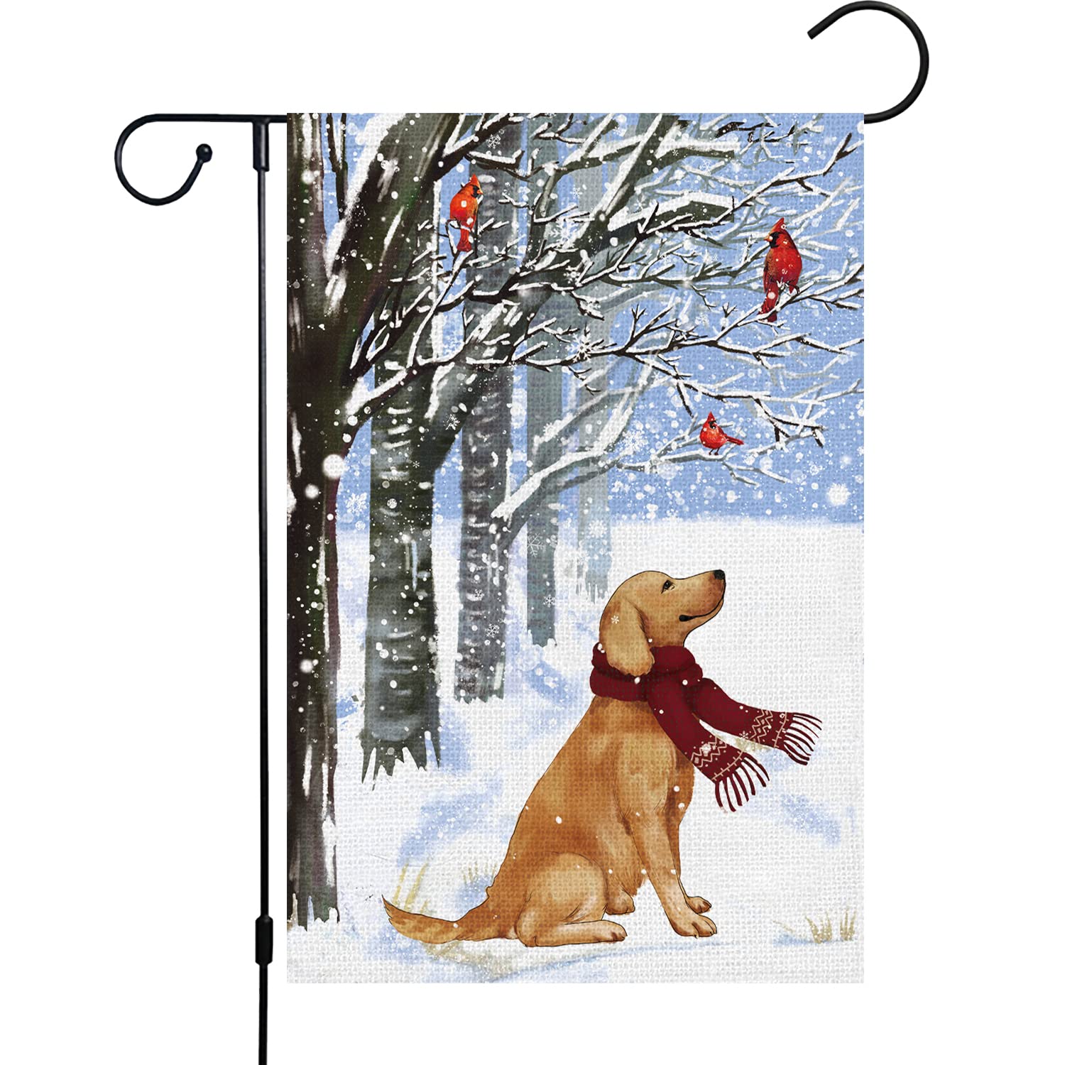 Louise Maelys Winter Garden Flag 12x18 Double Sided, Burlap Small Golden Retriever Dog Cardinal Garden Yard Flags for Winter Seasonal House Holiday Decor (ONLY FLAG)