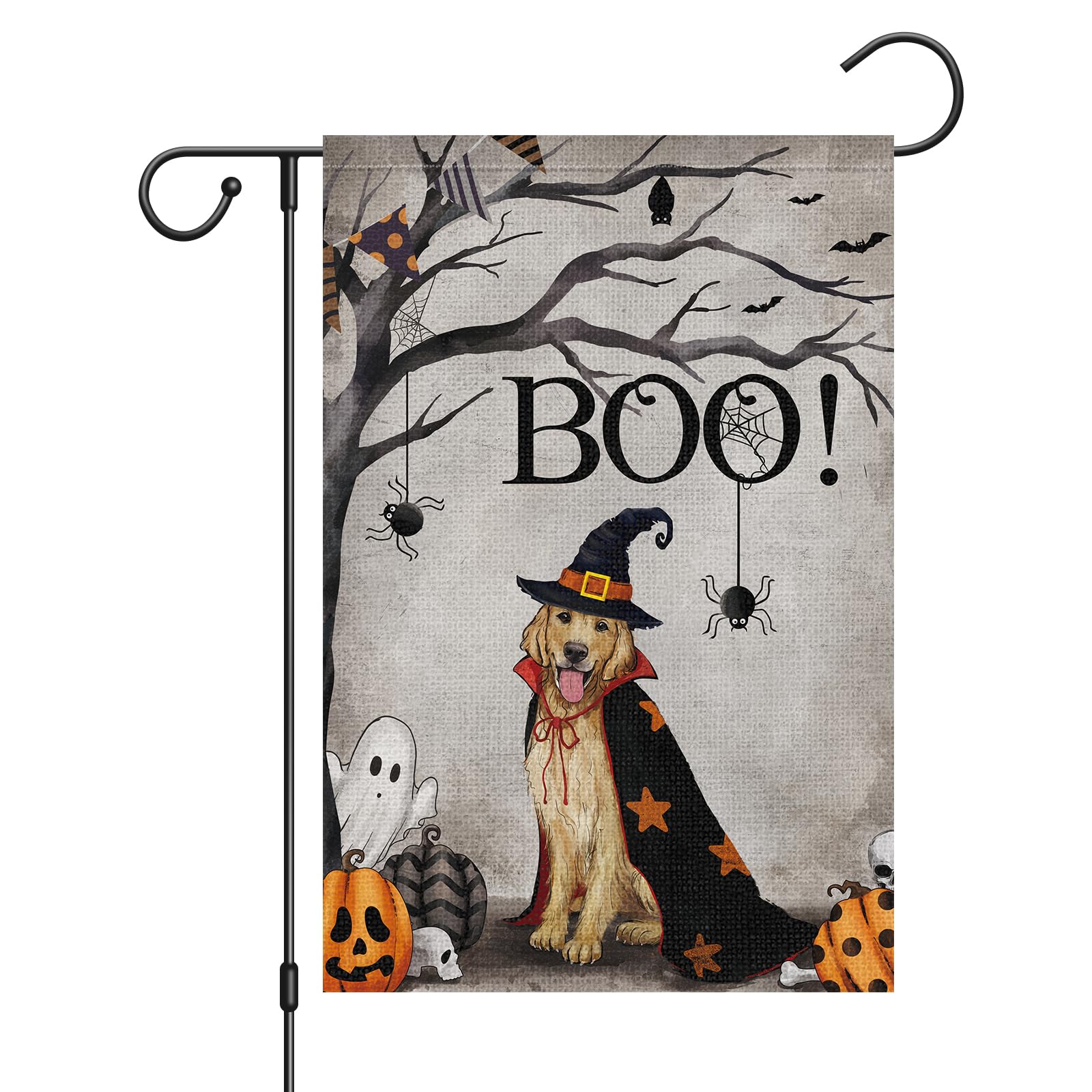 Heyfibro Halloween Boo Golden Retriever Dog Garden Flag 12x18 Double Sided Burlap Spooky Ghost Rustic Farmhouse Decor Halloween Pumpkins Yard Flags for Seasonal Holiday Decoration(ONLY FLAG)