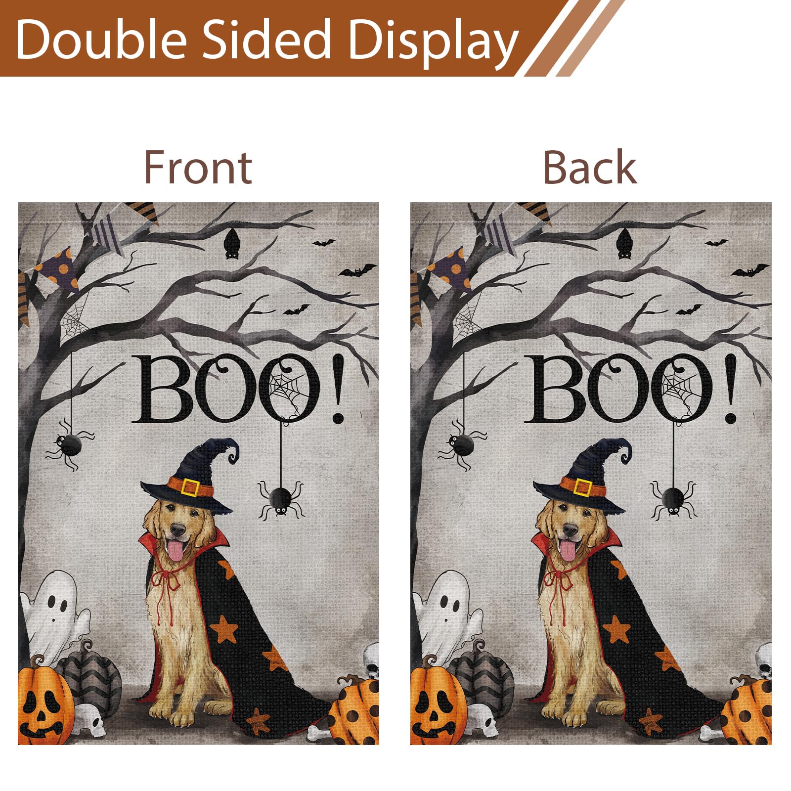 Heyfibro Halloween Boo Golden Retriever Dog Garden Flag 12x18 Double Sided Burlap Spooky Ghost Rustic Farmhouse Decor Halloween Pumpkins Yard Flags for Seasonal Holiday Decoration(ONLY FLAG)