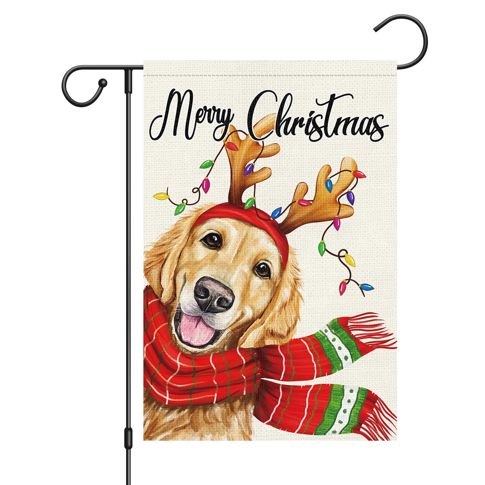 Louise Maelys Merry Christmas Garden Flag 12x18 Double Sided, Burlap Welcome Winter Christmas Golden Retriever Dog Garden Yard Flags for Xmas Outside Outdoor Decoration (ONLY FLAG)