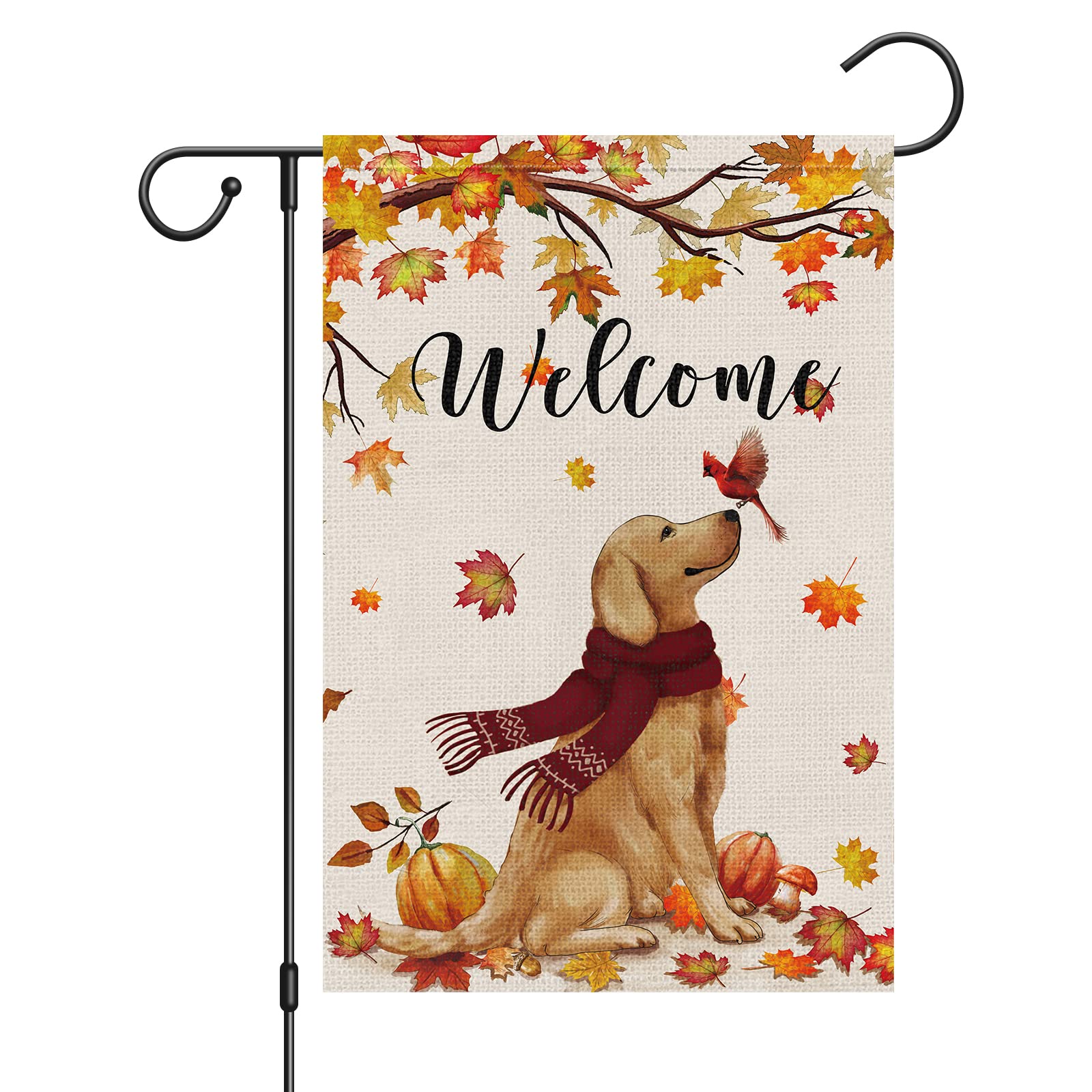 Welcome Fall Garden Flag 12 x 18 Inch Double Sided Burlap, Golden Retriever Dog Cardinal Yard Flags for Seasonal Thanksgiving Farmhouse Decoration(ONLY FLAG)