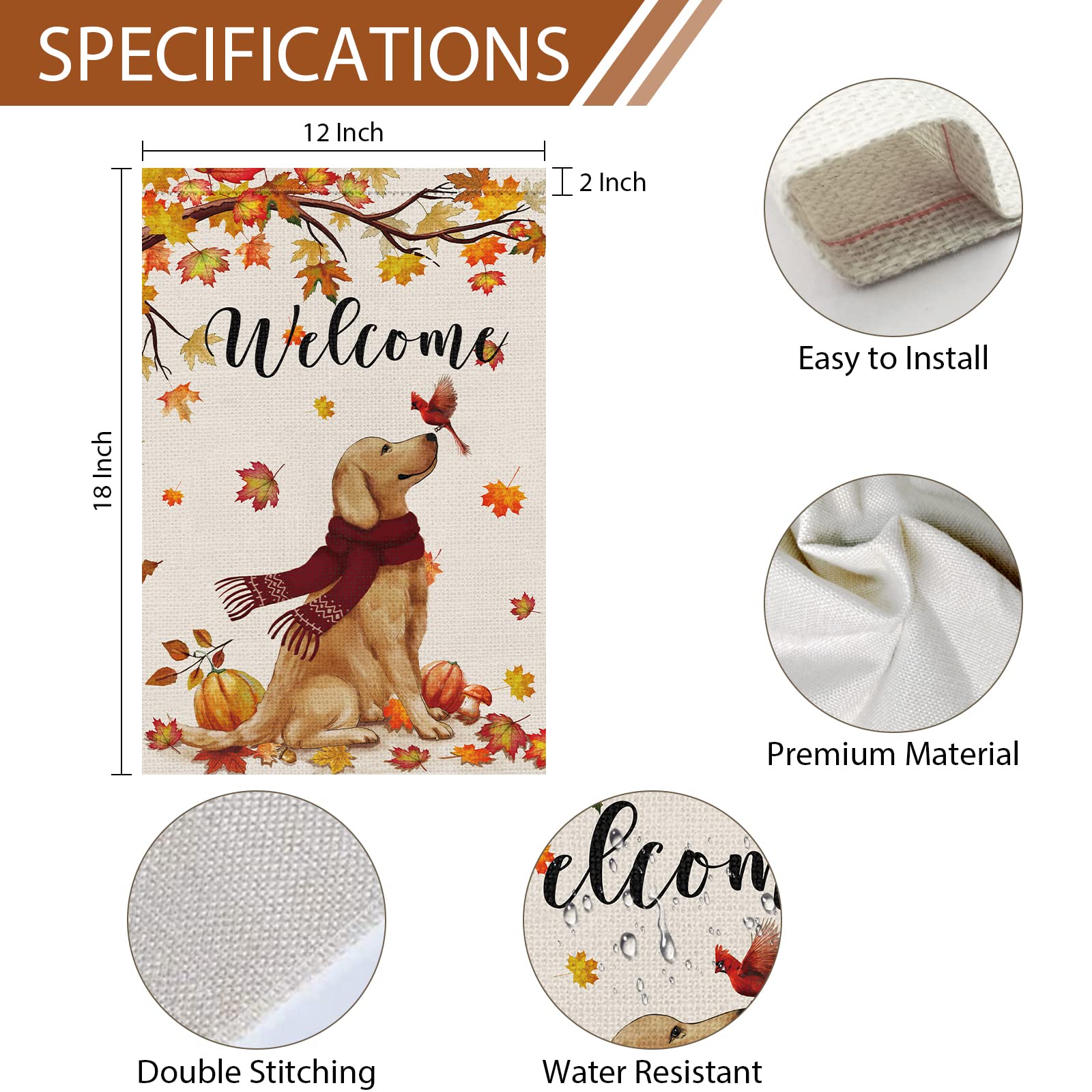 Welcome Fall Garden Flag 12 x 18 Inch Double Sided Burlap, Golden Retriever Dog Cardinal Yard Flags for Seasonal Thanksgiving Farmhouse Decoration(ONLY FLAG)