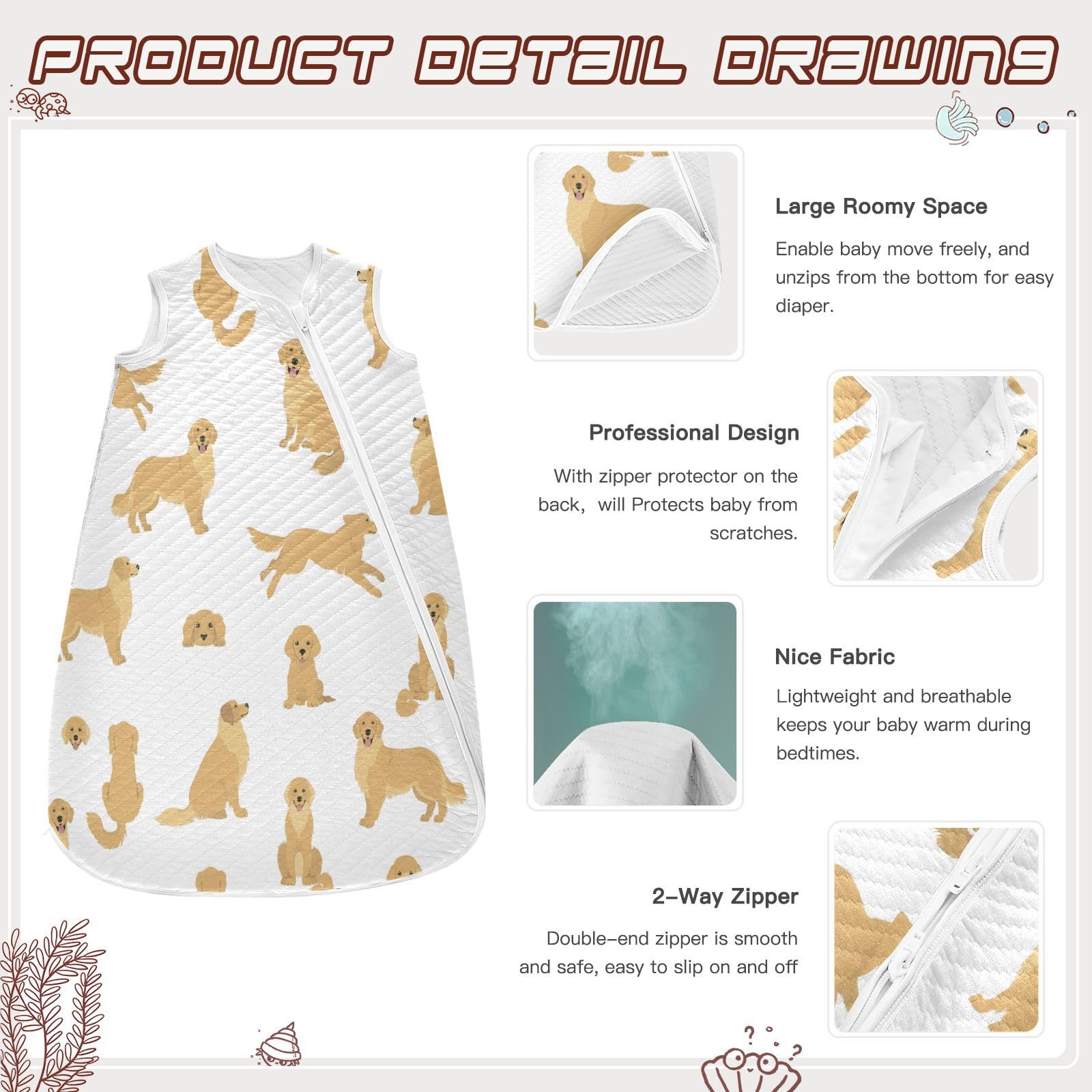 Golden Retriever Dogs Adult Goldies and Puppy Set Baby Sleeping Bag,Baby Wearable Blanket,Toddler Sleep Sack,Sleep Suit for Infant Newborn Babies 0-6 Months