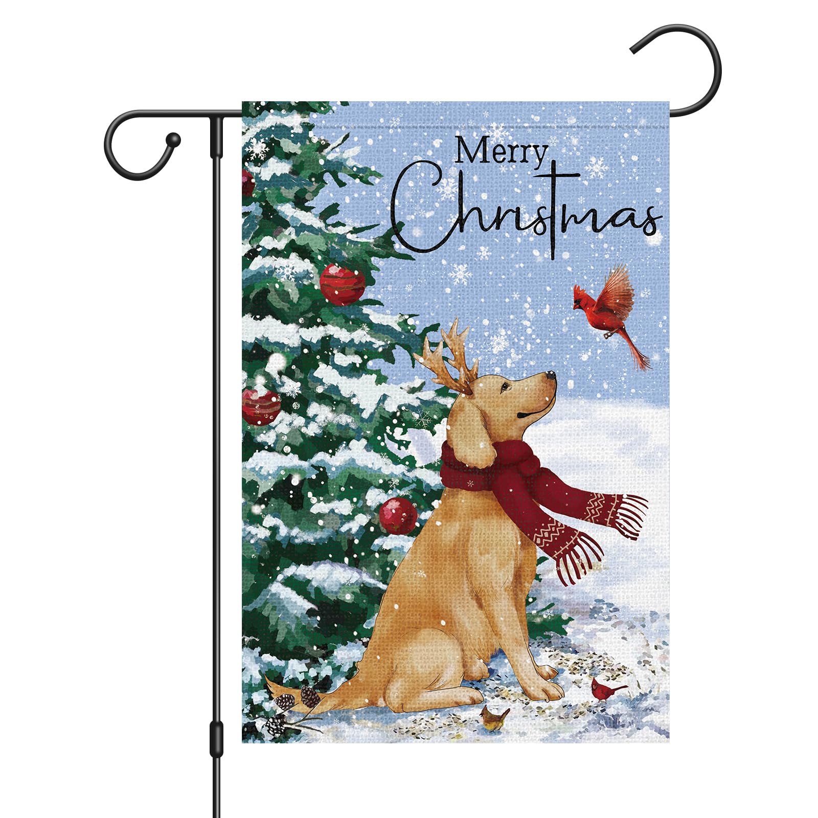 Louise Maelys Merry Christmas Golden Retriever Dog Garden Flag 12x18 Double Sided, Burlap Welcome Winter Christmas Tree Garden Yard Flags for Xmas Outside Outdoor Decoration (ONLY FLAG)