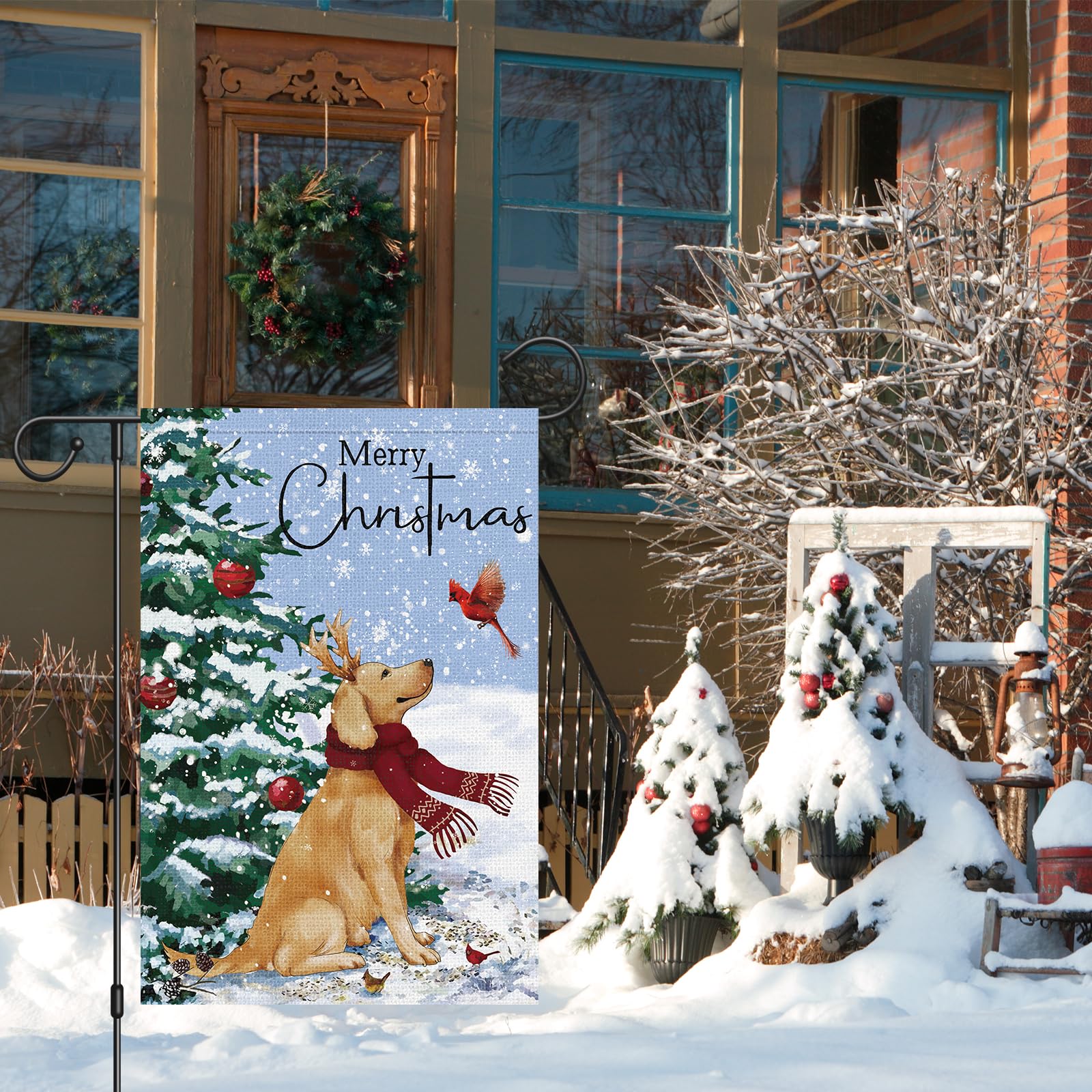 Louise Maelys Merry Christmas Golden Retriever Dog Garden Flag 12x18 Double Sided, Burlap Welcome Winter Christmas Tree Garden Yard Flags for Xmas Outside Outdoor Decoration (ONLY FLAG)