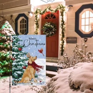 Louise Maelys Merry Christmas Golden Retriever Dog Garden Flag 12x18 Double Sided, Burlap Welcome Winter Christmas Tree Garden Yard Flags for Xmas Outside Outdoor Decoration (ONLY FLAG)