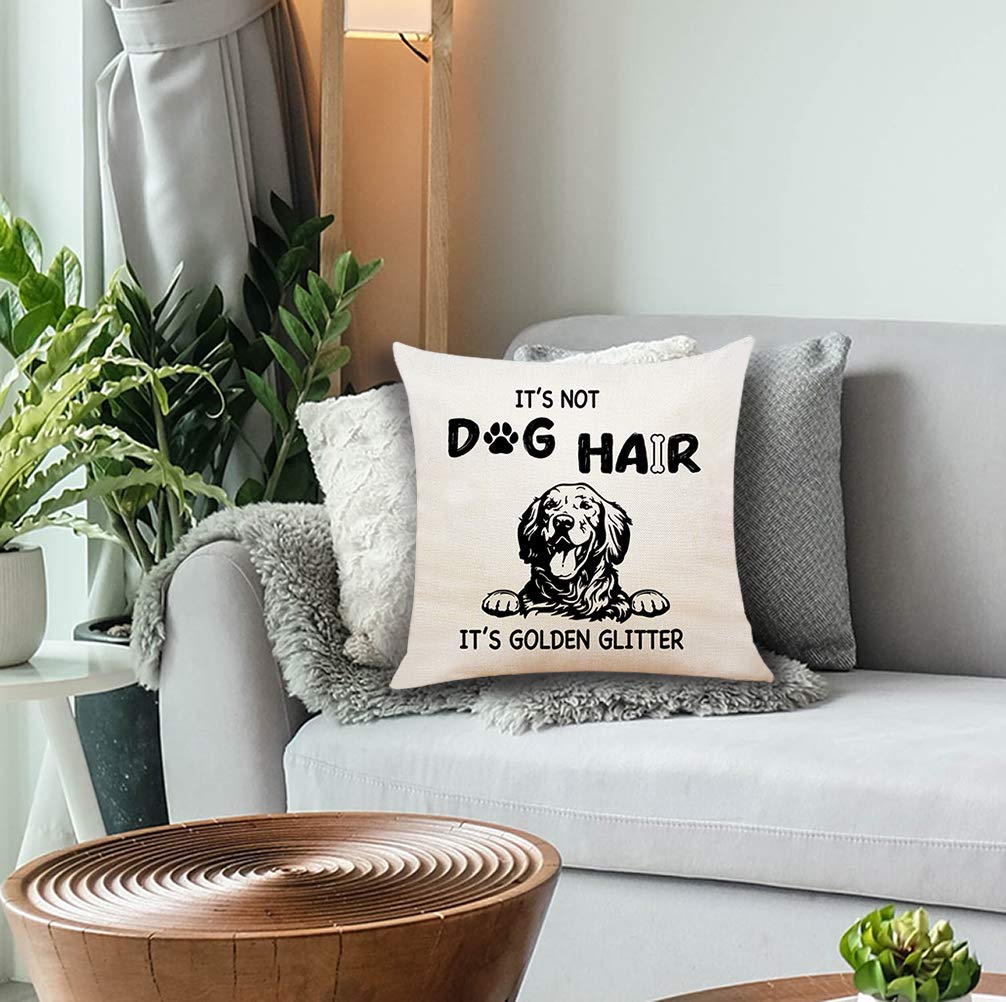 XUISWELL Golden Retriever Gifts, Funny Quote It's Not Dog Hair It's Golden Glitter Cotton Linen Throw Pillow Cover, Golden Retriever Decor, 18 x 18 in