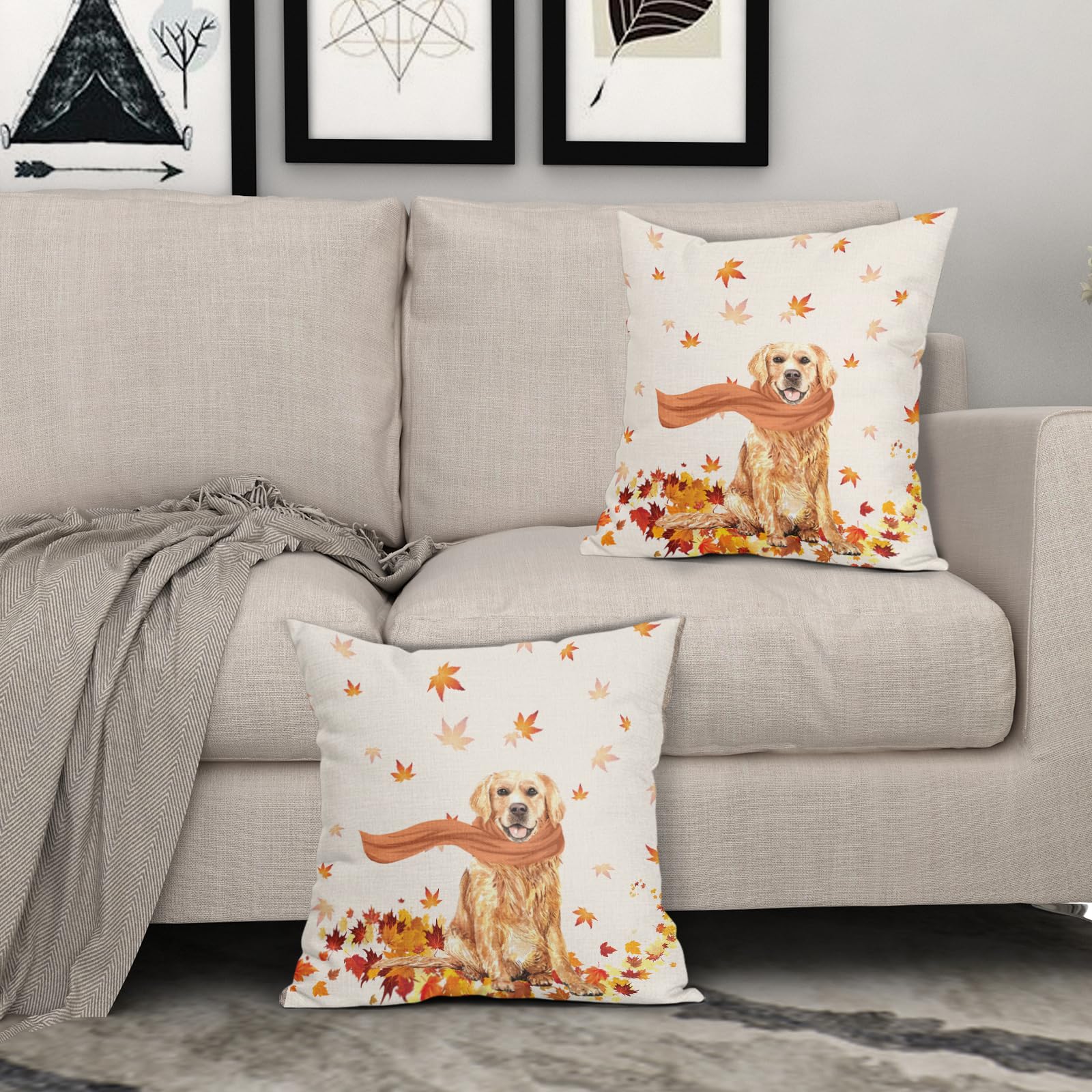 Granbey Golden Retriever Dog Fall Throw Pillow Cover Autumn Maple Leaves Farmhouse Pillowcase Cute Pet Modern Thanksgiving Decorative Pillow Protector for Home Sofa Couch Party Living Room