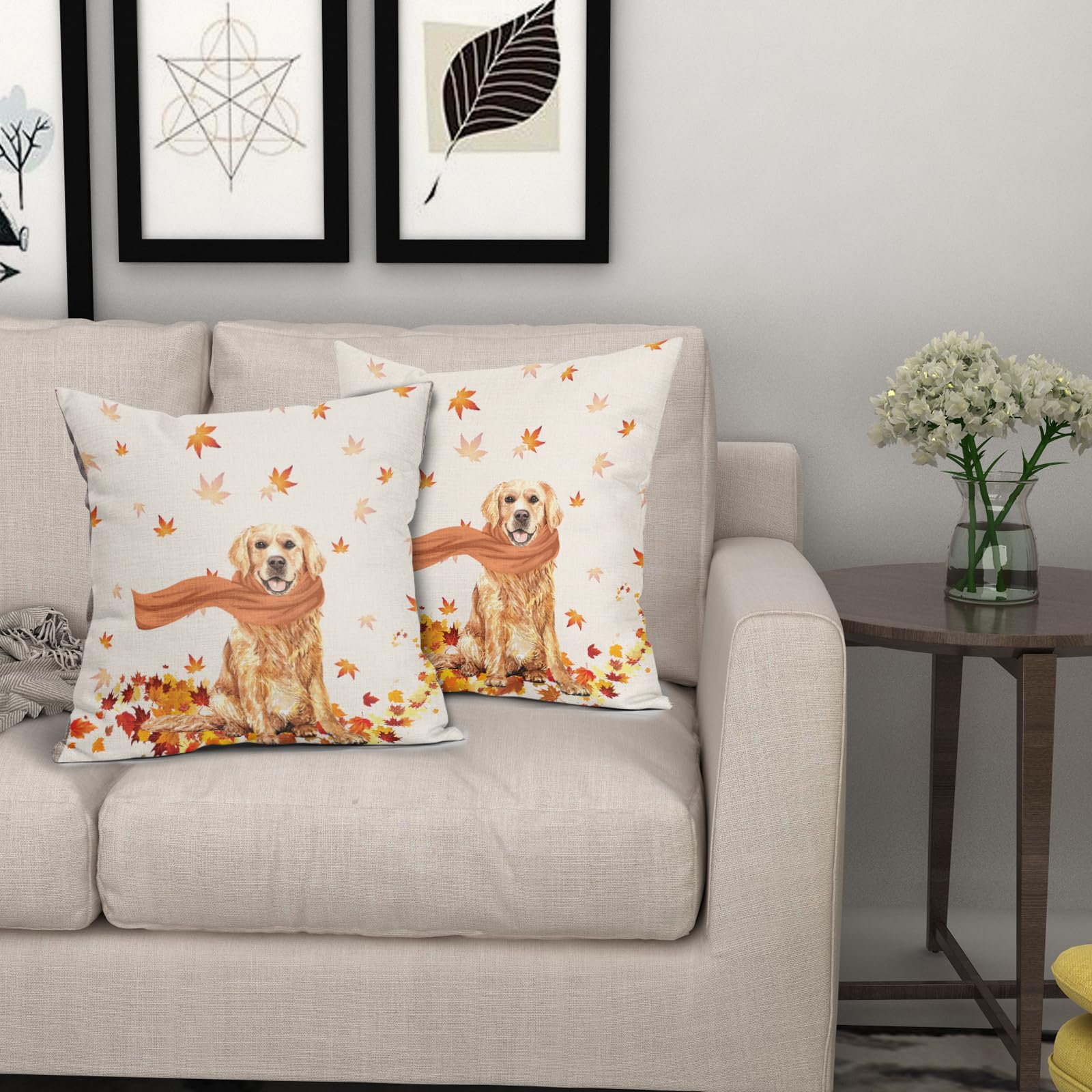 Granbey Golden Retriever Dog Fall Throw Pillow Cover Autumn Maple Leaves Farmhouse Pillowcase Cute Pet Modern Thanksgiving Decorative Pillow Protector for Home Sofa Couch Party Living Room