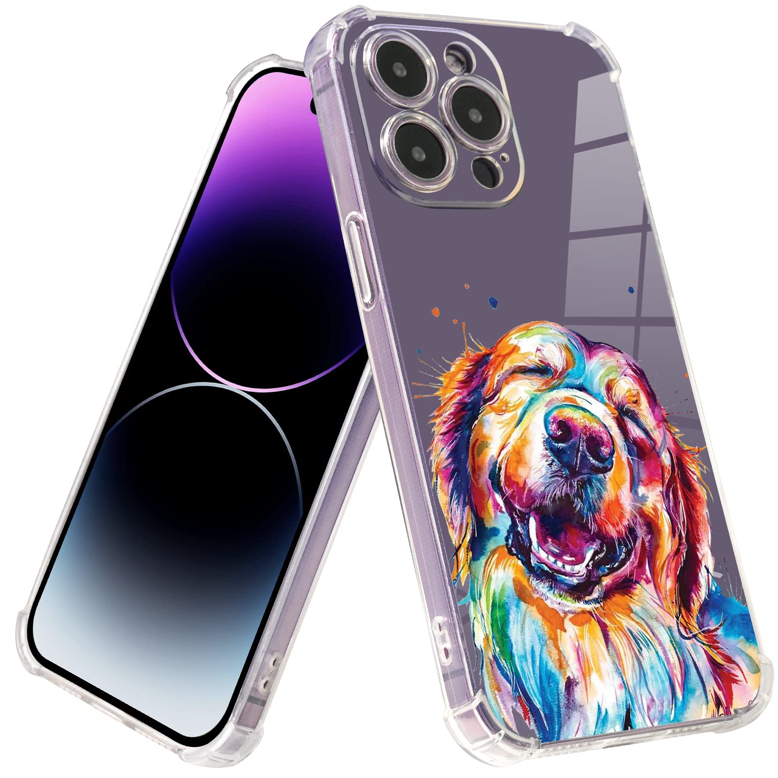 Roemary Puppy Case for iPhone 15 Pro Max with Golden Retriever Design,Rainbow Pattern with Screen Protector [Buffertech 6.6 ft Drop Impact] Soft TPU Protective Case for iPhone 15 Pro Max 6.7"