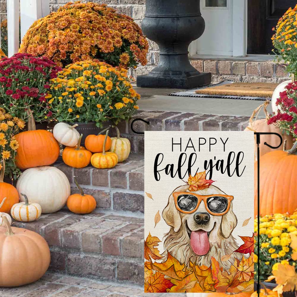 CROWNED BEAUTY Fall Golden Retriever Leaves Garden Flag 12x18 Inch Small Double Sided Burlap Welcome Thankful Dog Yard Flag for Outside