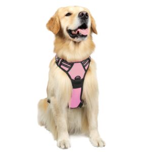 rabbitgoo No-Pull Pet Harness with 2 Leash Clips, Adjustable Soft Padded, Reflective No-Choke Pet Oxford Vest with Easy Control Handle for Large Dogs, Pink, L