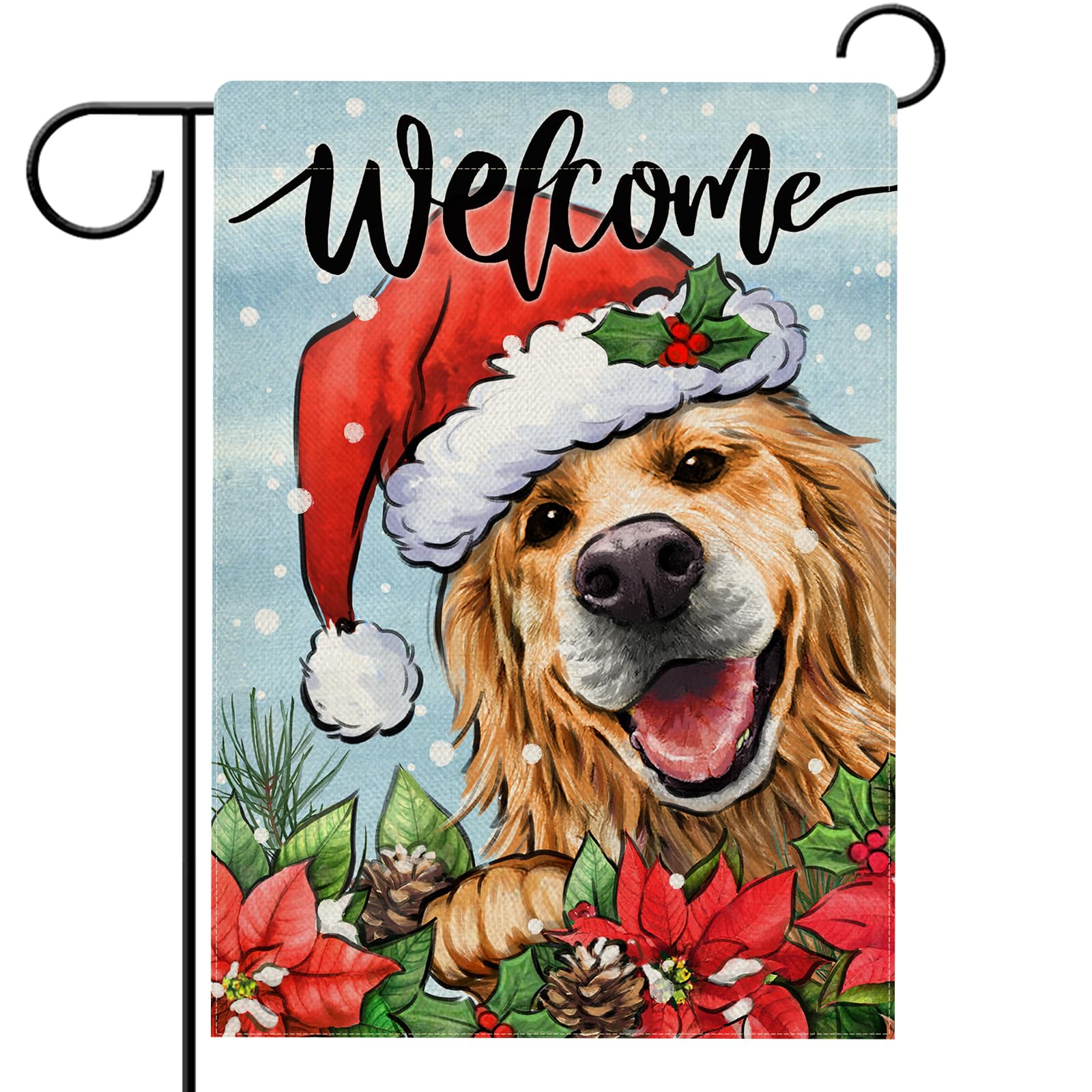 Hzppyz Welcome Christmas Golden Retriever Dog Garden Flag, Xmas Puppy Santa Hat Poinsettia Pine Cone Decorative Yard Outdoor Home Small Decor, Winter Holiday Farmhouse Outside House Decoration 12 x 18