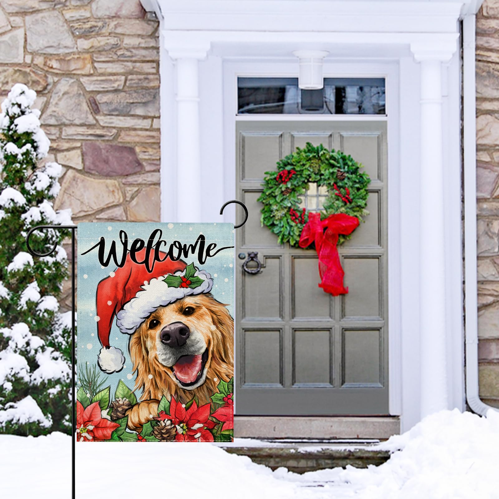 Hzppyz Welcome Christmas Golden Retriever Dog Garden Flag, Xmas Puppy Santa Hat Poinsettia Pine Cone Decorative Yard Outdoor Home Small Decor, Winter Holiday Farmhouse Outside House Decoration 12 x 18