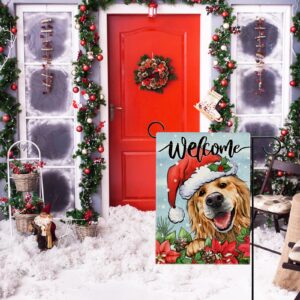 Hzppyz Welcome Christmas Golden Retriever Dog Garden Flag, Xmas Puppy Santa Hat Poinsettia Pine Cone Decorative Yard Outdoor Home Small Decor, Winter Holiday Farmhouse Outside House Decoration 12 x 18