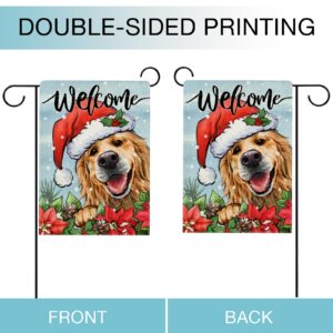 Hzppyz Welcome Christmas Golden Retriever Dog Garden Flag, Xmas Puppy Santa Hat Poinsettia Pine Cone Decorative Yard Outdoor Home Small Decor, Winter Holiday Farmhouse Outside House Decoration 12 x 18