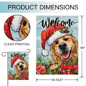 Hzppyz Welcome Christmas Golden Retriever Dog Garden Flag, Xmas Puppy Santa Hat Poinsettia Pine Cone Decorative Yard Outdoor Home Small Decor, Winter Holiday Farmhouse Outside House Decoration 12 x 18