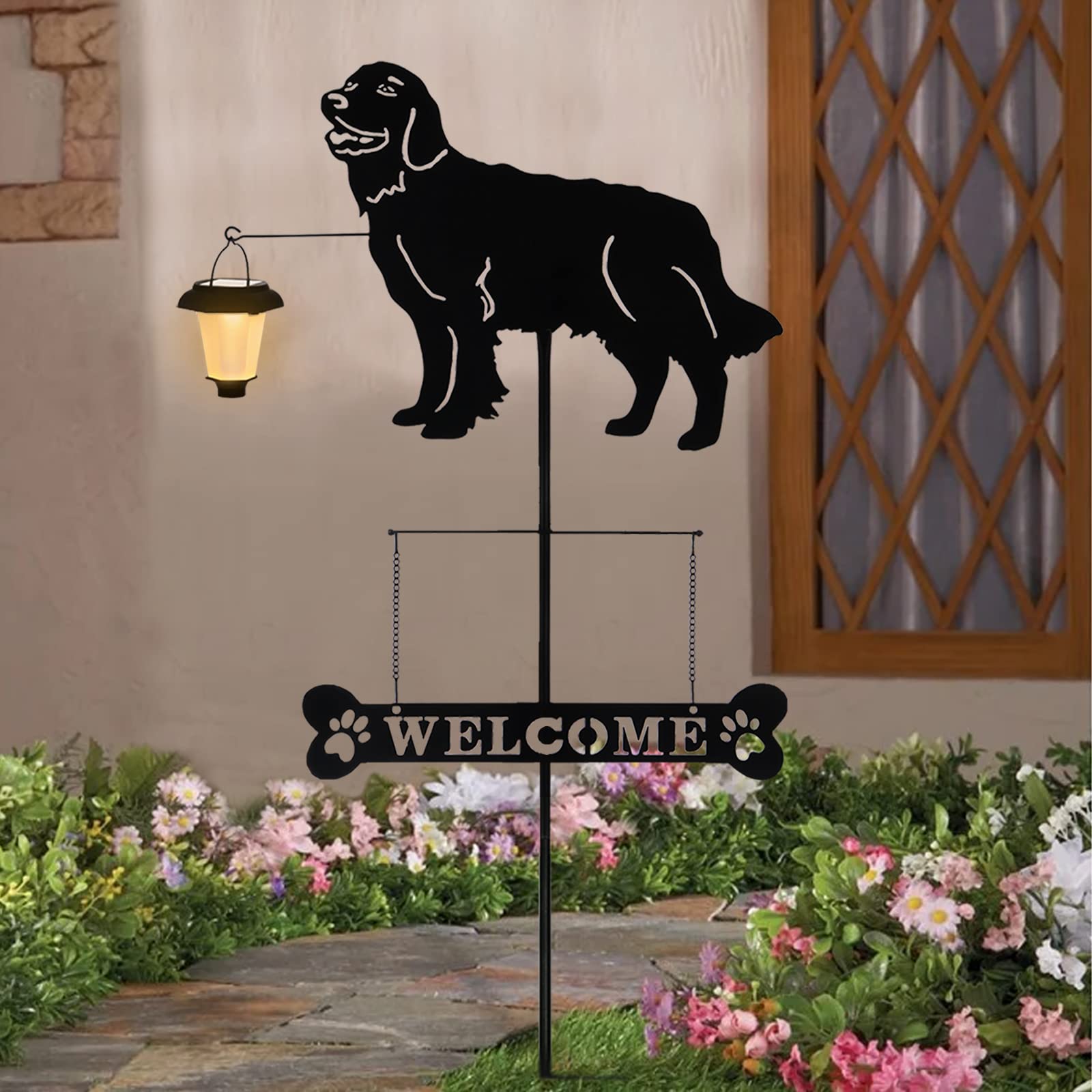 BAYN Solar Golden Retriever Garden Stakes Decorative with a Lantern Dog Silhouette Welcome Sign Outdoor Garden Decor for Yard, Lawn, Patio, Pathway