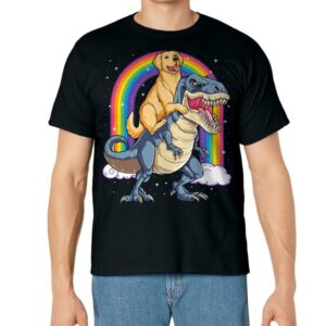 Golden Retriever Riding Dinosaur T rex Gifts Boys Rainbow T-Shirt